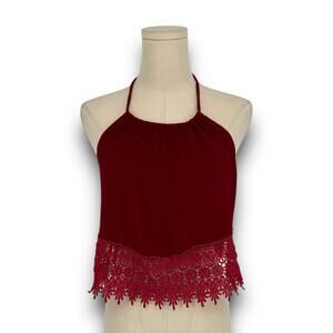 Y2K Vintage TOBI Burgundy Guipure Lace Trim Halter Crop Top, Size S